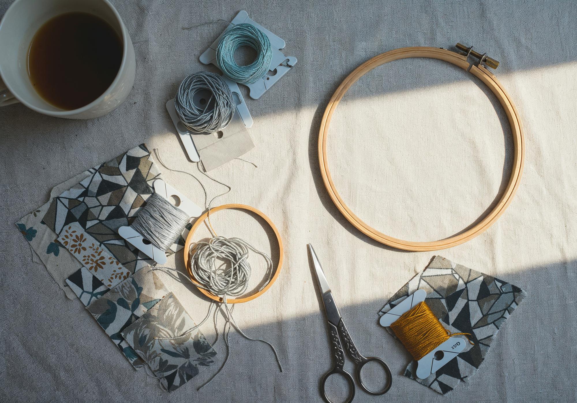 Atelier mit Stickrahmen und Garnrollen